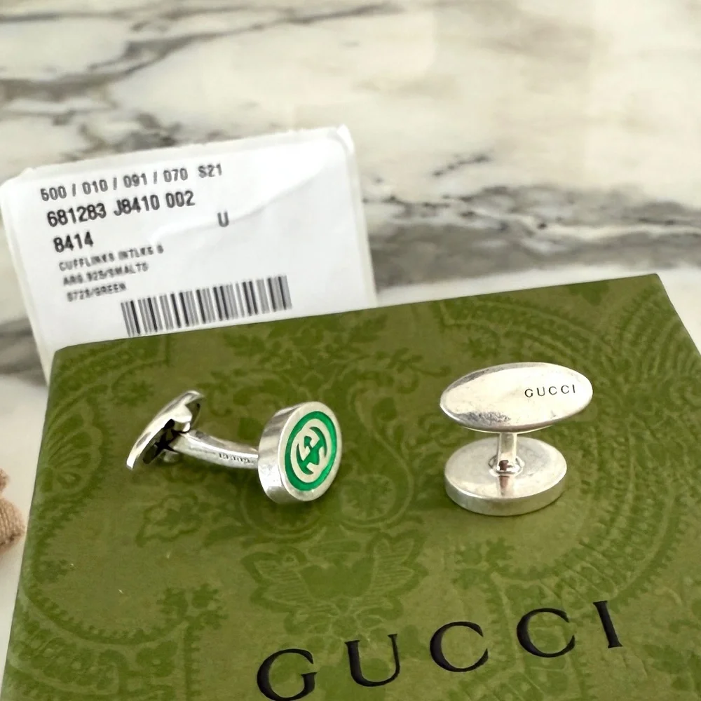Gucci 681283 Silver Cufflinks with Green GG inlay, with box